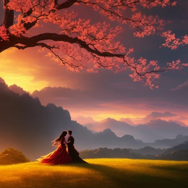 Lovers Under Sakura Tree: Detailed Digital Art