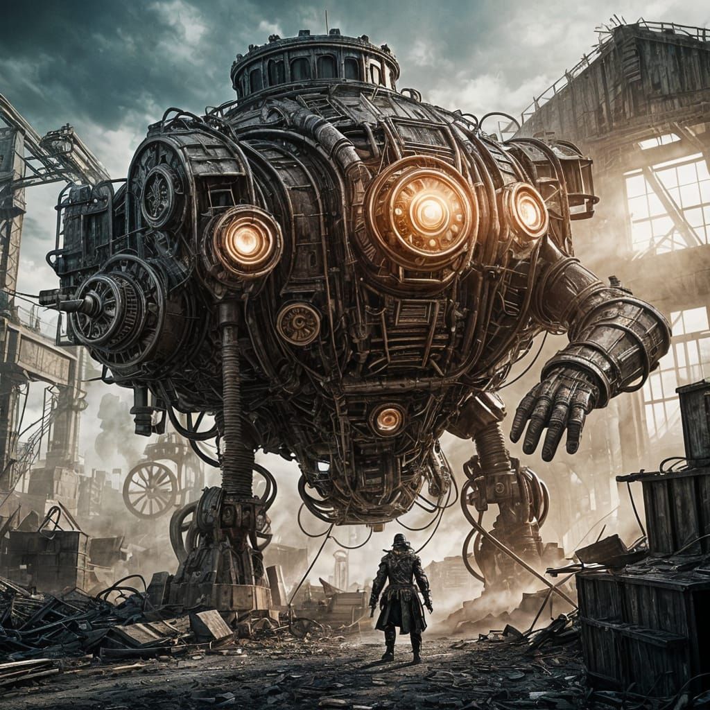 Steampunk Golem Escapes Lab: Black and White Cinematic