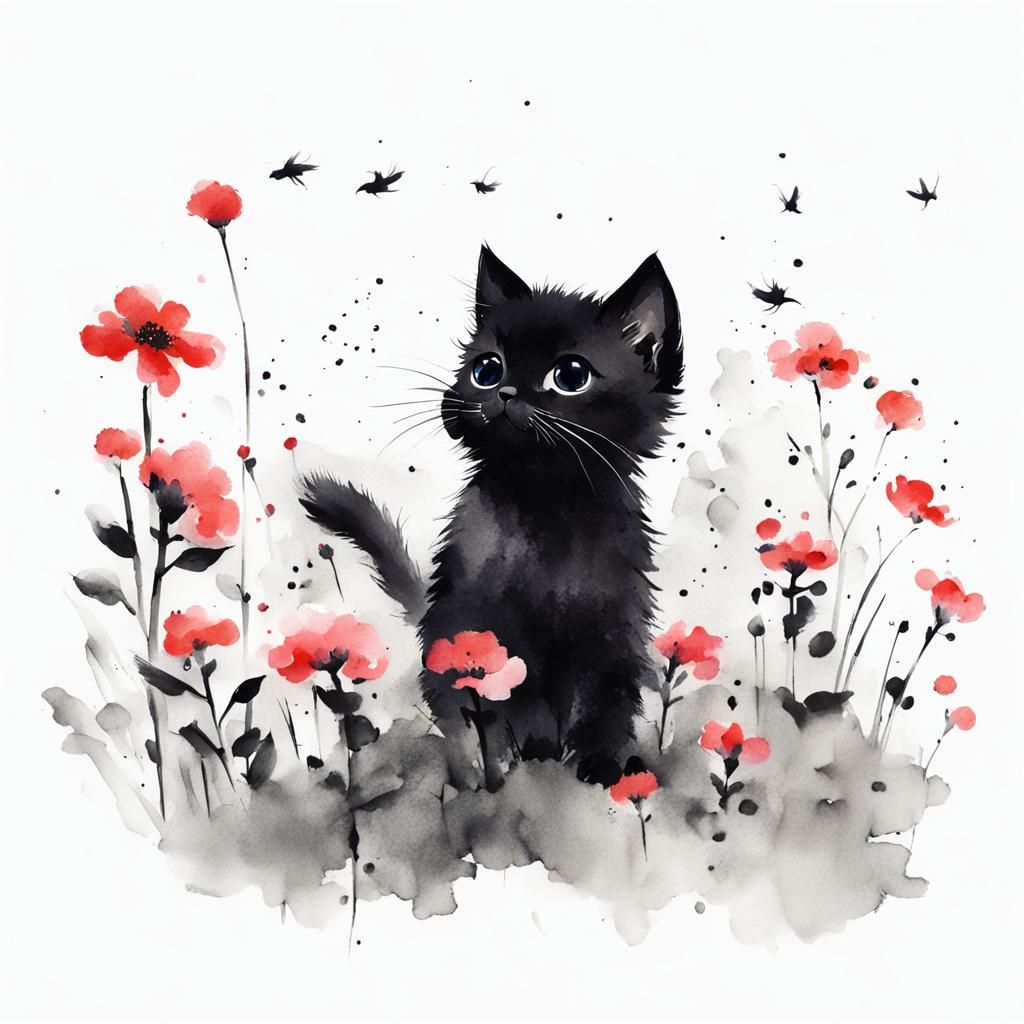 Minimalist Ink Painting of Kitten in Flower Garden