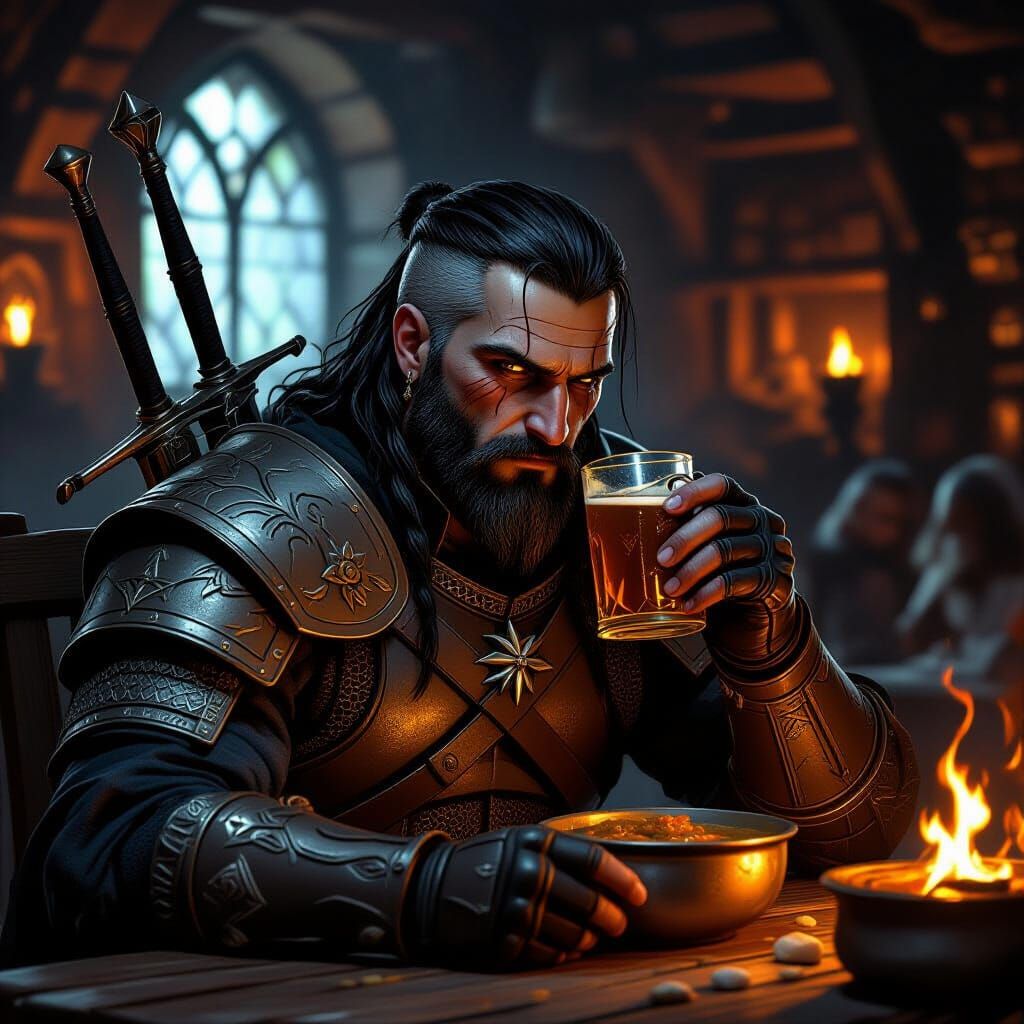 Witcher in Tavern: Dark-Skinned Warrior's Respite