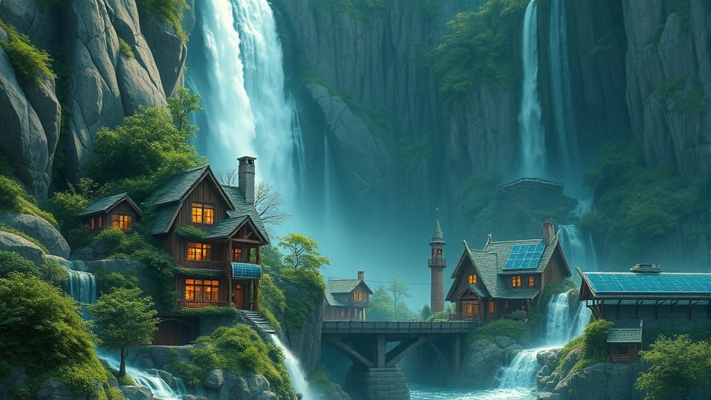 Solarpunk Waterfall Village in Fantasy Art Style