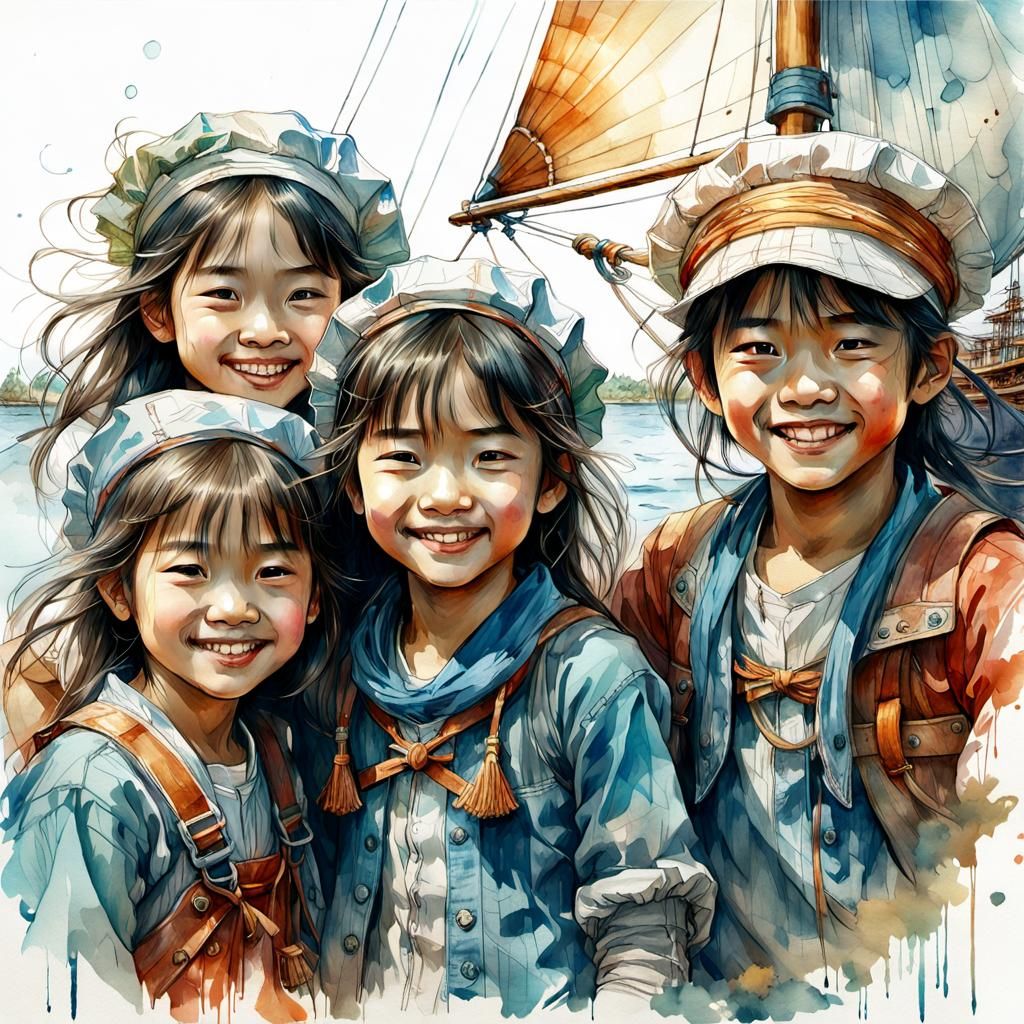 Vietnamese Siblings Sailing: Hyperrealistic Digital Watercol...