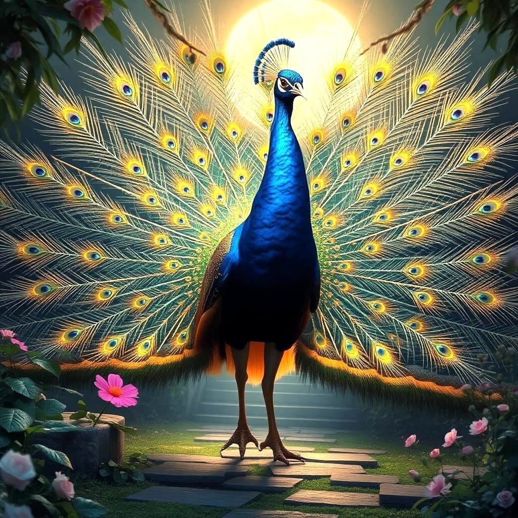 Stunning Peacock Display in Golden Light: 8K Art