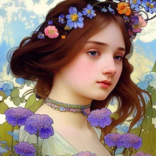 Princess Surrounded by Blue Flowers: Hyperdetailed Portrait