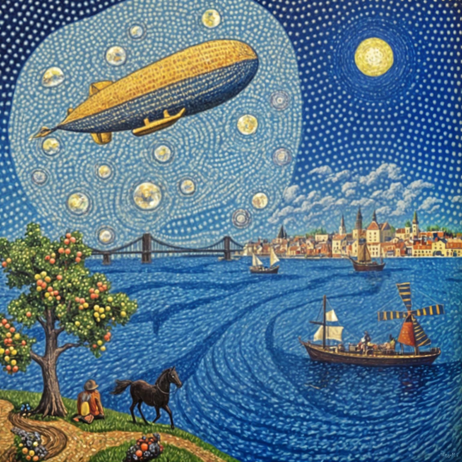 Pointillist Airship-Whale Fantasy Inspired by Brueghel