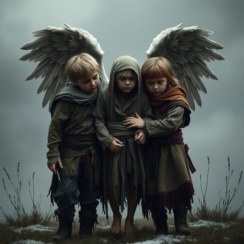 Mysterious Nordic Spring Landscape with a Wounded Angel