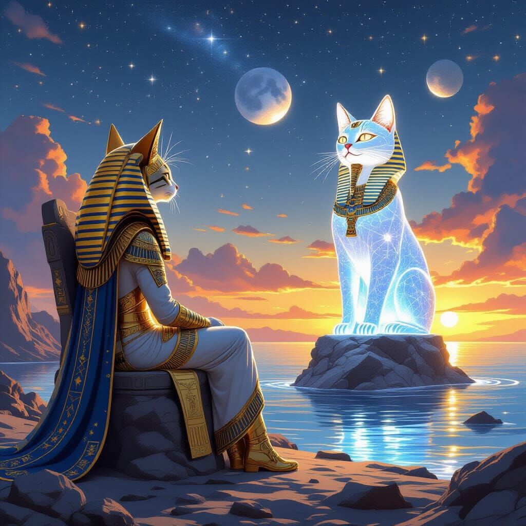 Cosmic Cat Pharaoh Oversees Starry Statue Construction