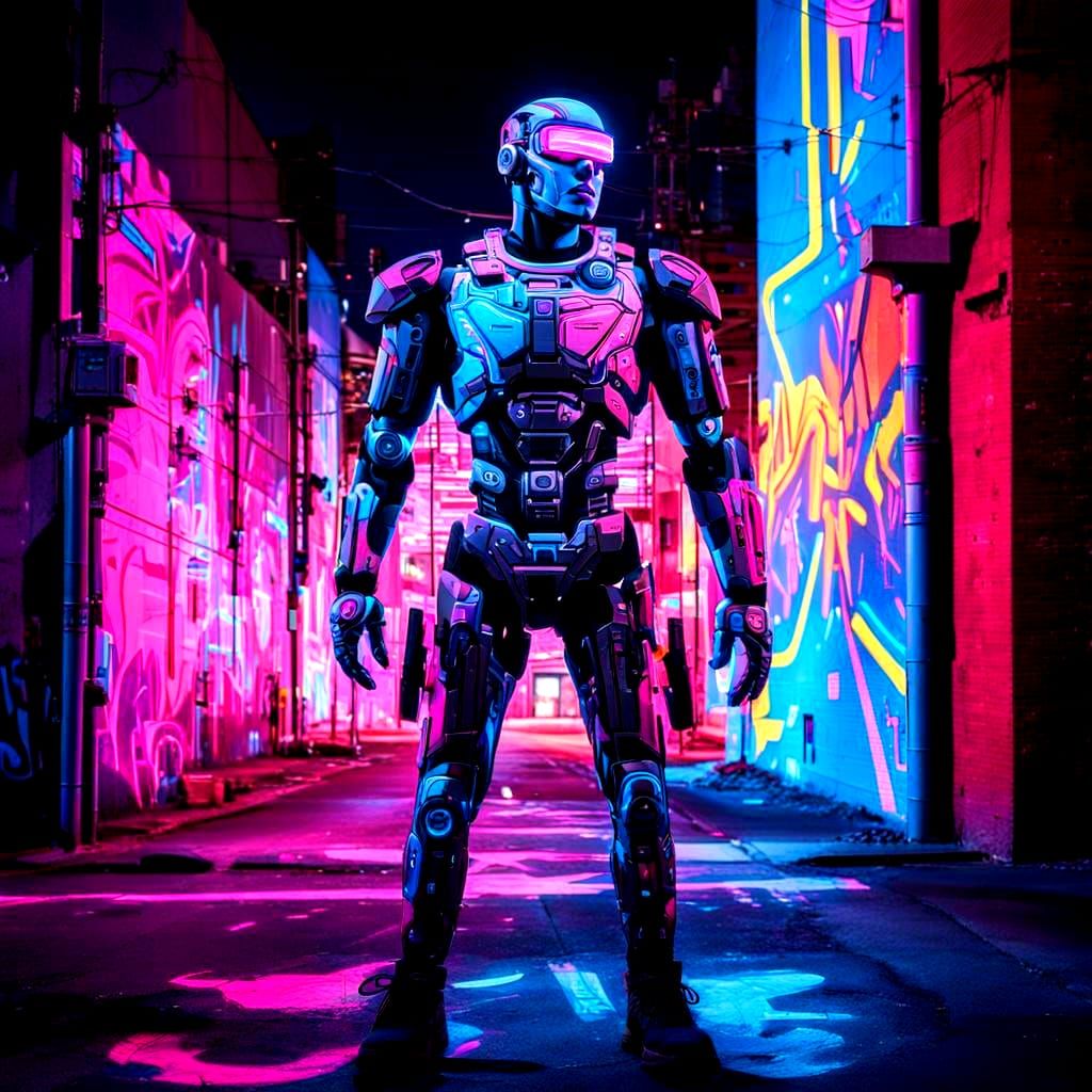 Fluorescent Mural of a Cyborg on Building
