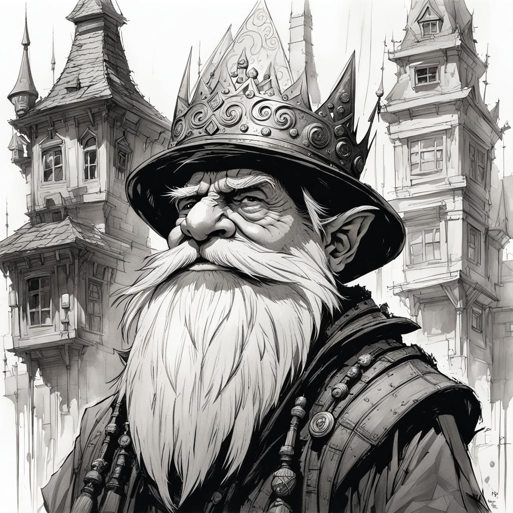 Grumpy Gnome King Portrait as Whimsical Sketch
