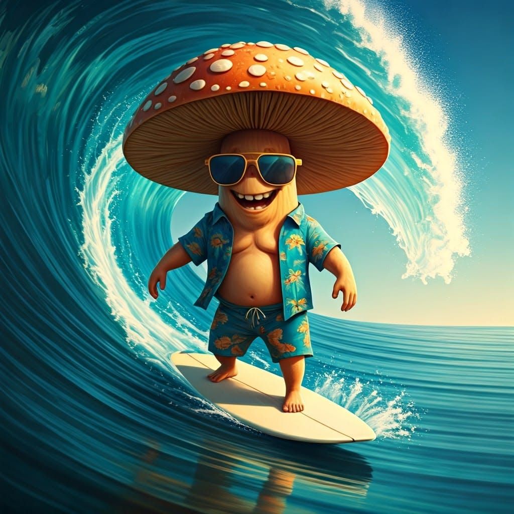 Mushroom Surfer in Vibrant Oceanic Scene