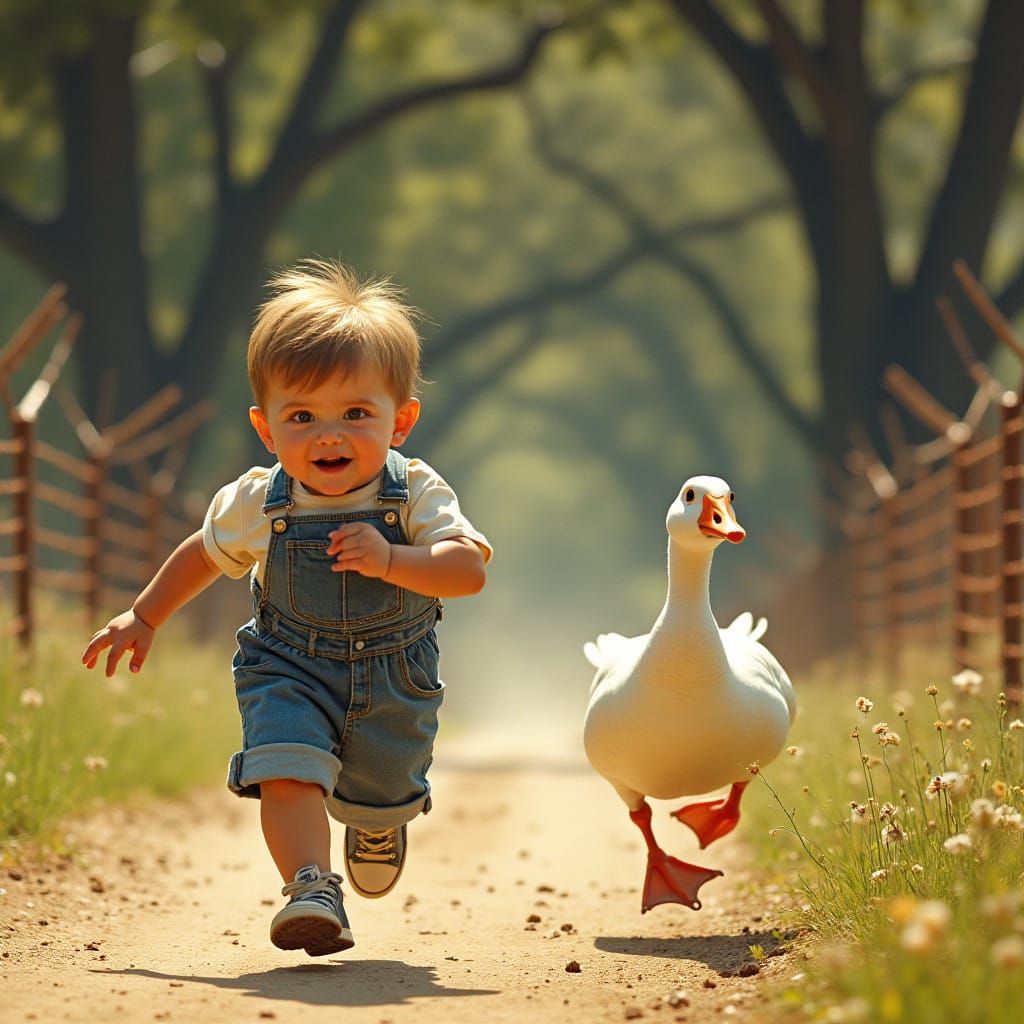 Chubby Child Chases Goose Through Rural American Landscape