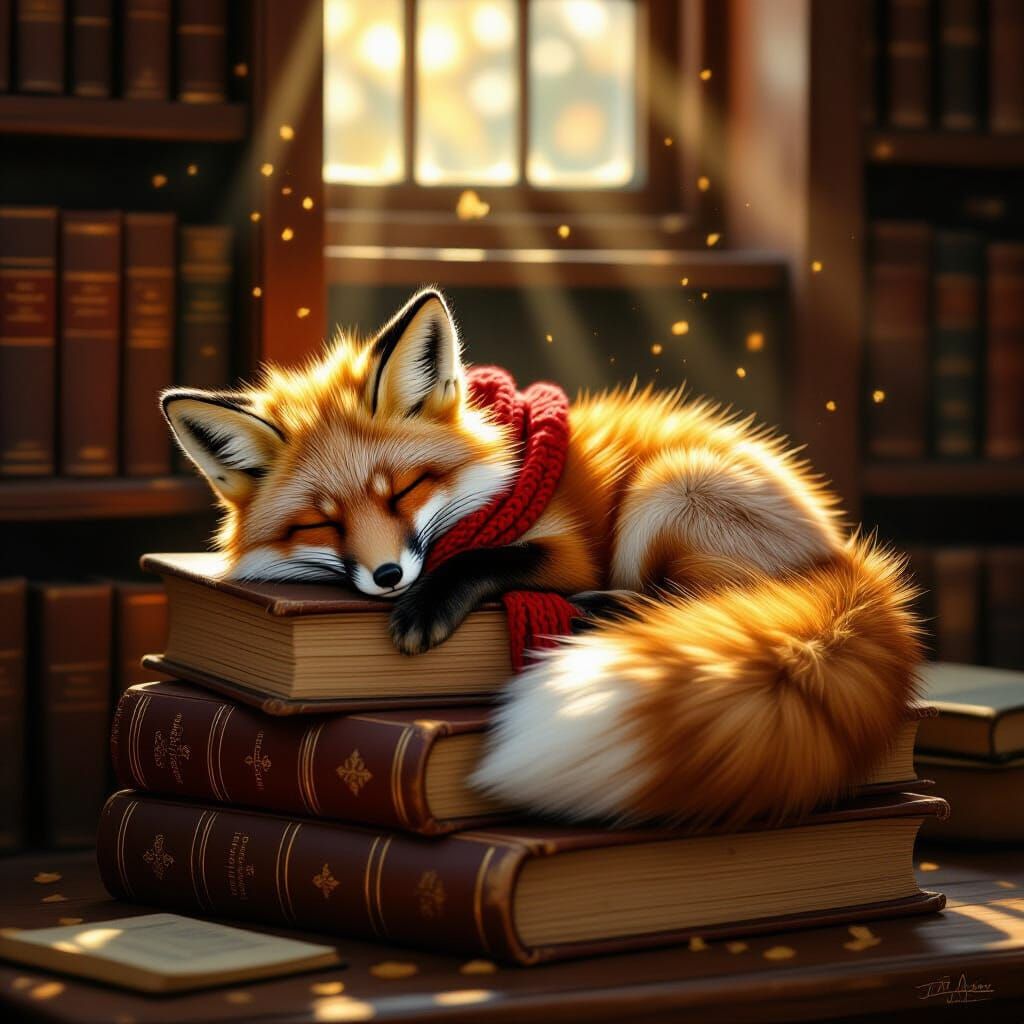 Fluffy Fox Naps on Antique Books in Sunlit Library