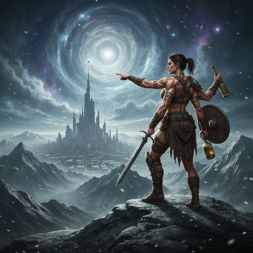 Epic Warrior Woman Gazing at Alien Cityscape