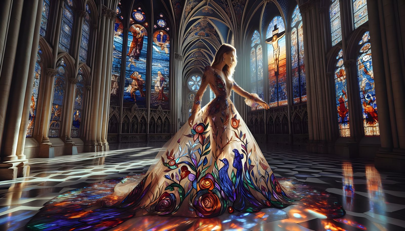 Woman in Stained Glass Cathedral