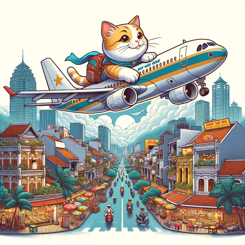 Cartoon Cat Pilot Soars Over Vietnamese Streets