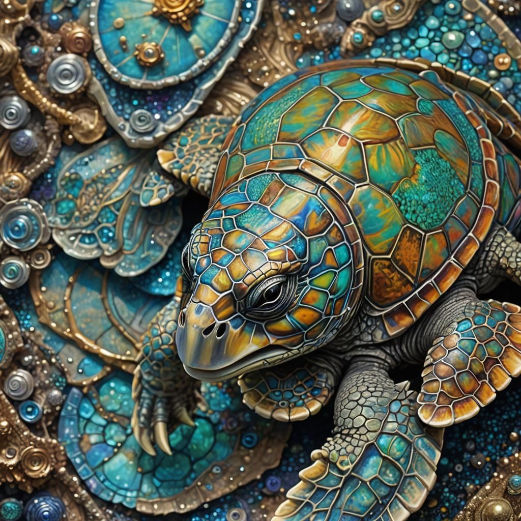 Metallic Sea Turtle Close-up in Pastel Colors