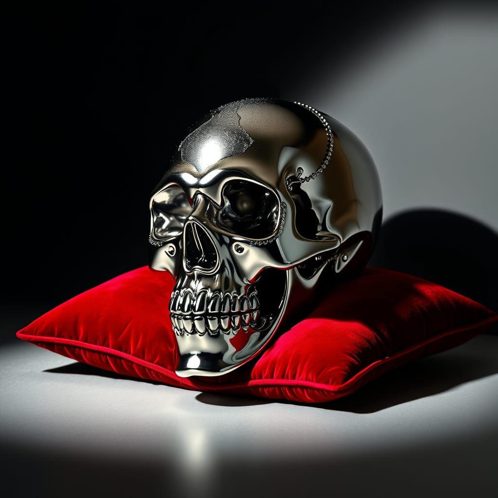 Chrome Skull on Velvet Cushion in Gothic Style