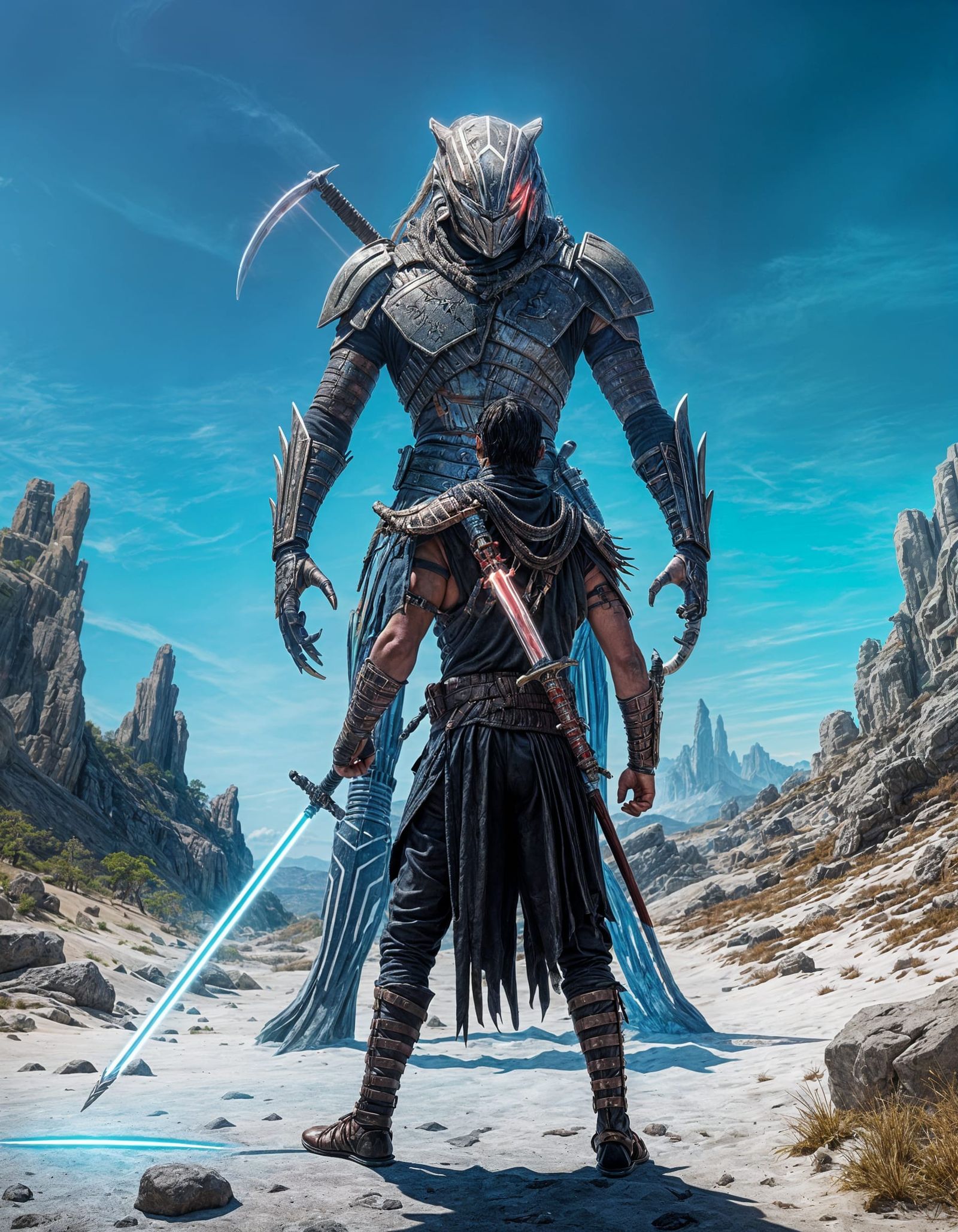 Swordsman Confronts Predator at Sunset