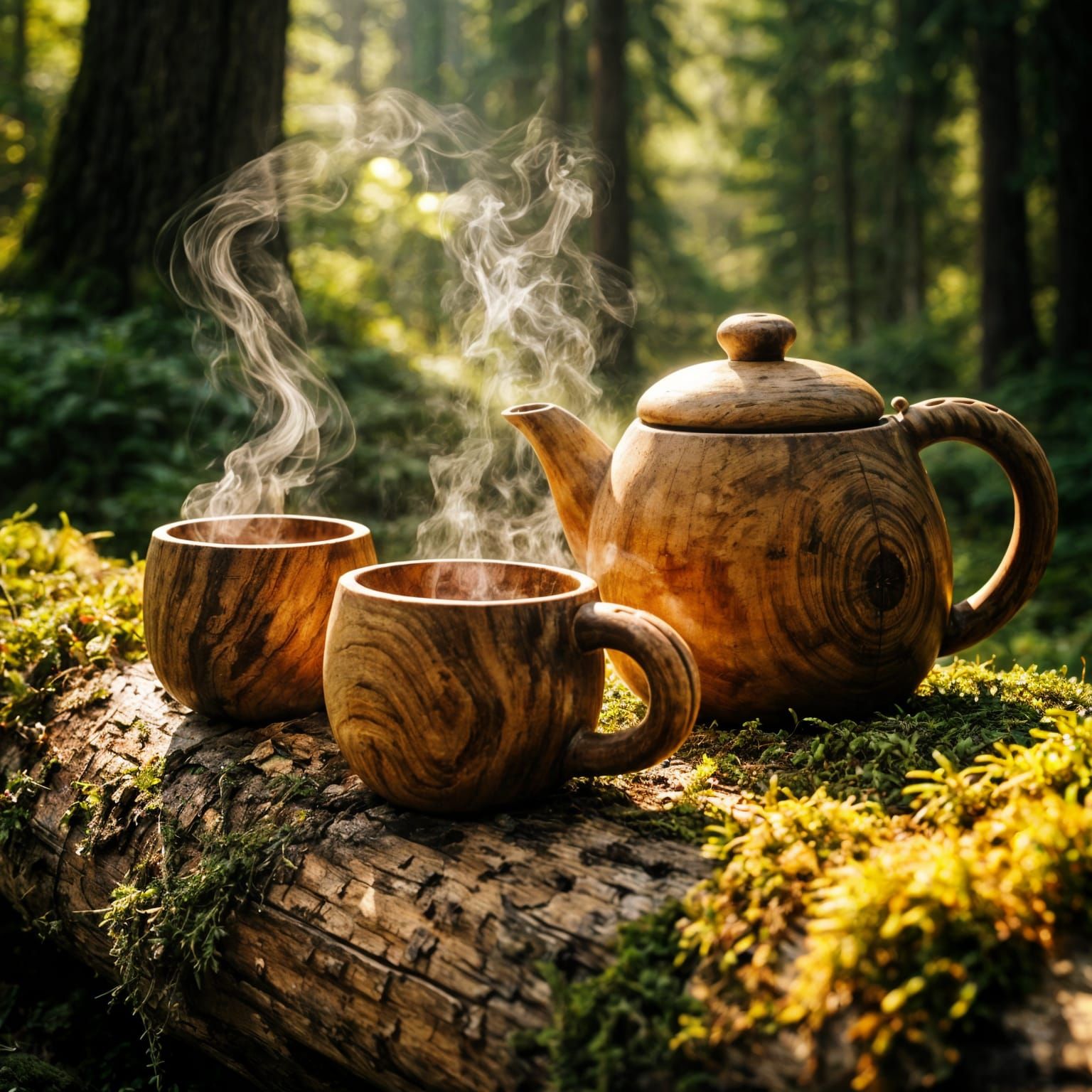 Birch Wood Tea Set in Ancient Forest Sunlight