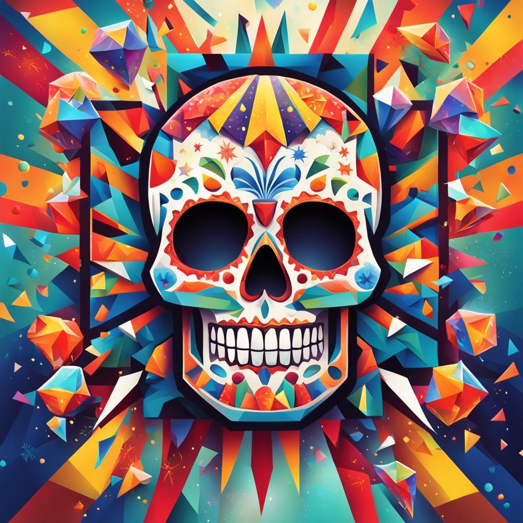 Colorful Sugar Skull Fiesta: A Cubist Art Deco Painting