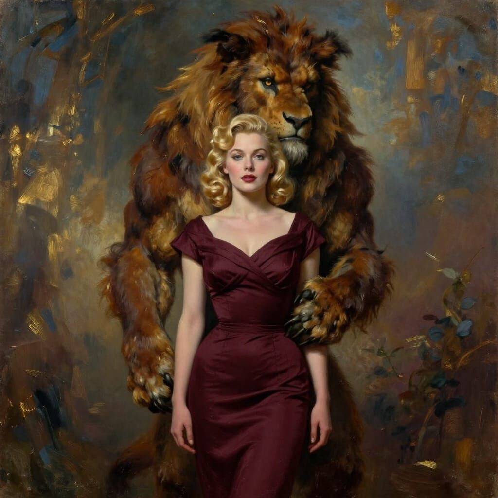 1950s Pin-Up Woman in Maroon Dress, Realistic Oil Painting