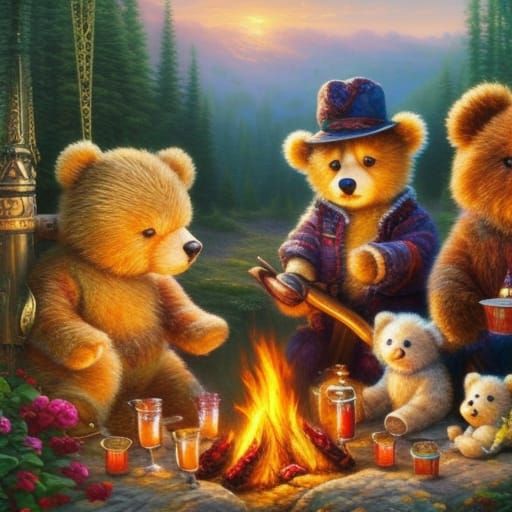 Teddy Bears Camping: A Digital Oil Painting