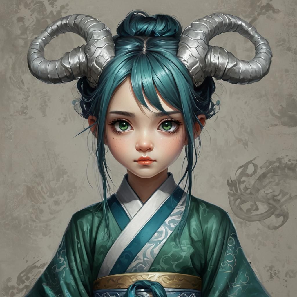 Fantasy Girl with Dragon Horns as Ink Painting