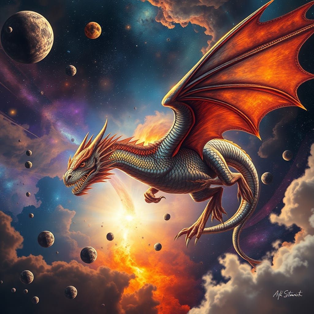 Dragon Soaring Through Nebula in Digital Painting Style