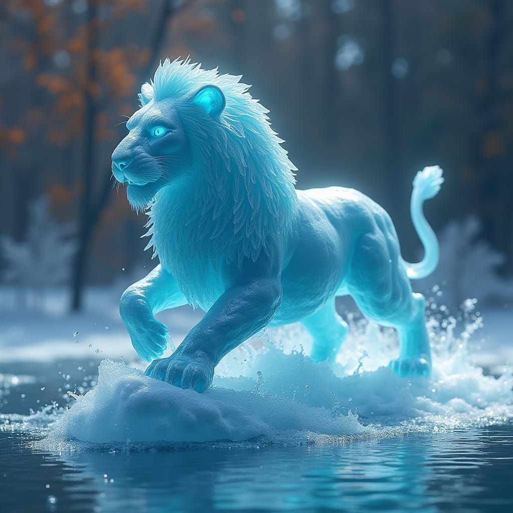 Crystal Lion in Motion, Fantasy Ice Sculpture