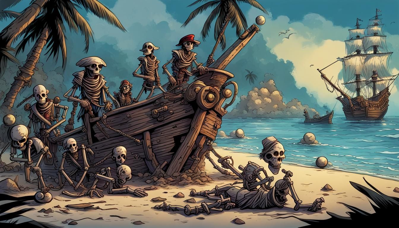 Skeleton Pirates Disembarking: Comic Book Art