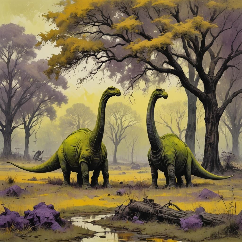 Brontosauruses in Field: Acrylic Art with Sepia Tones