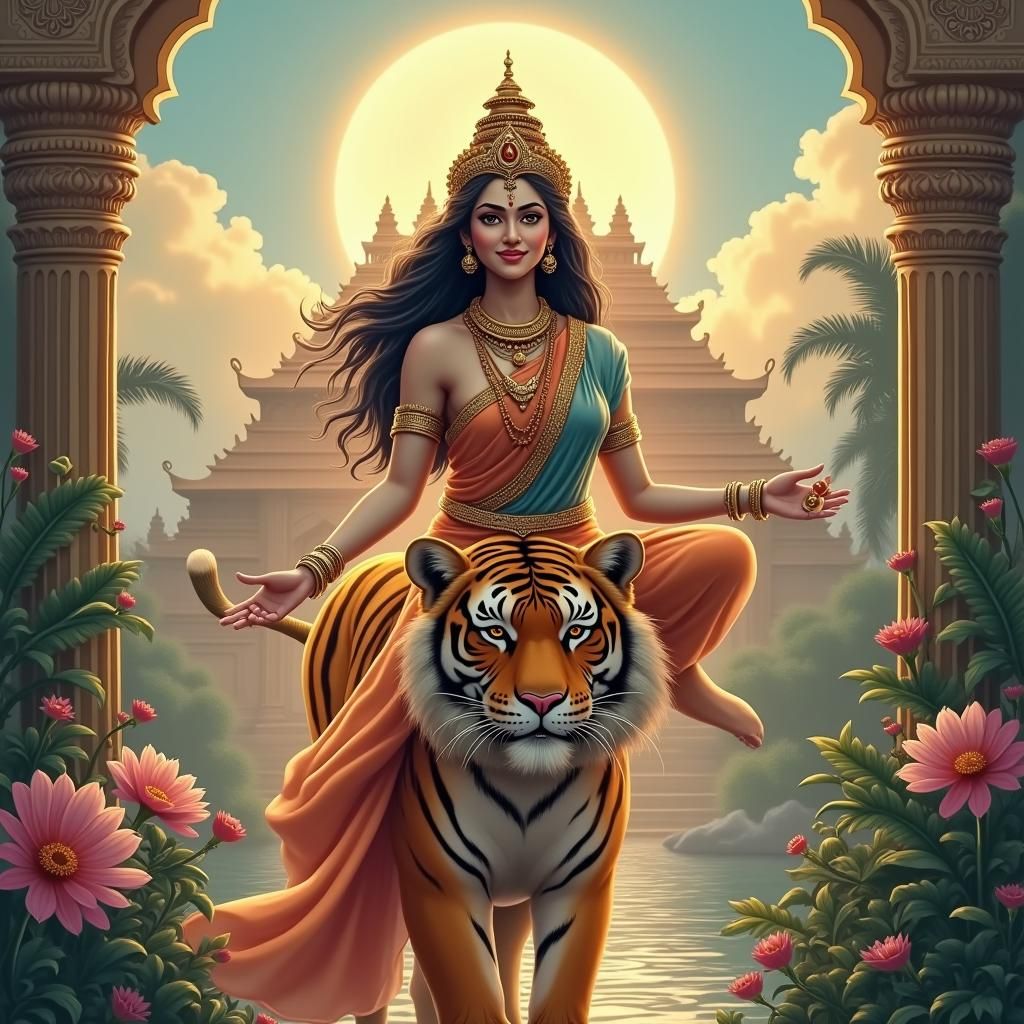 Goddess Chandraghanta on Tiger in Detailed Matte Painting