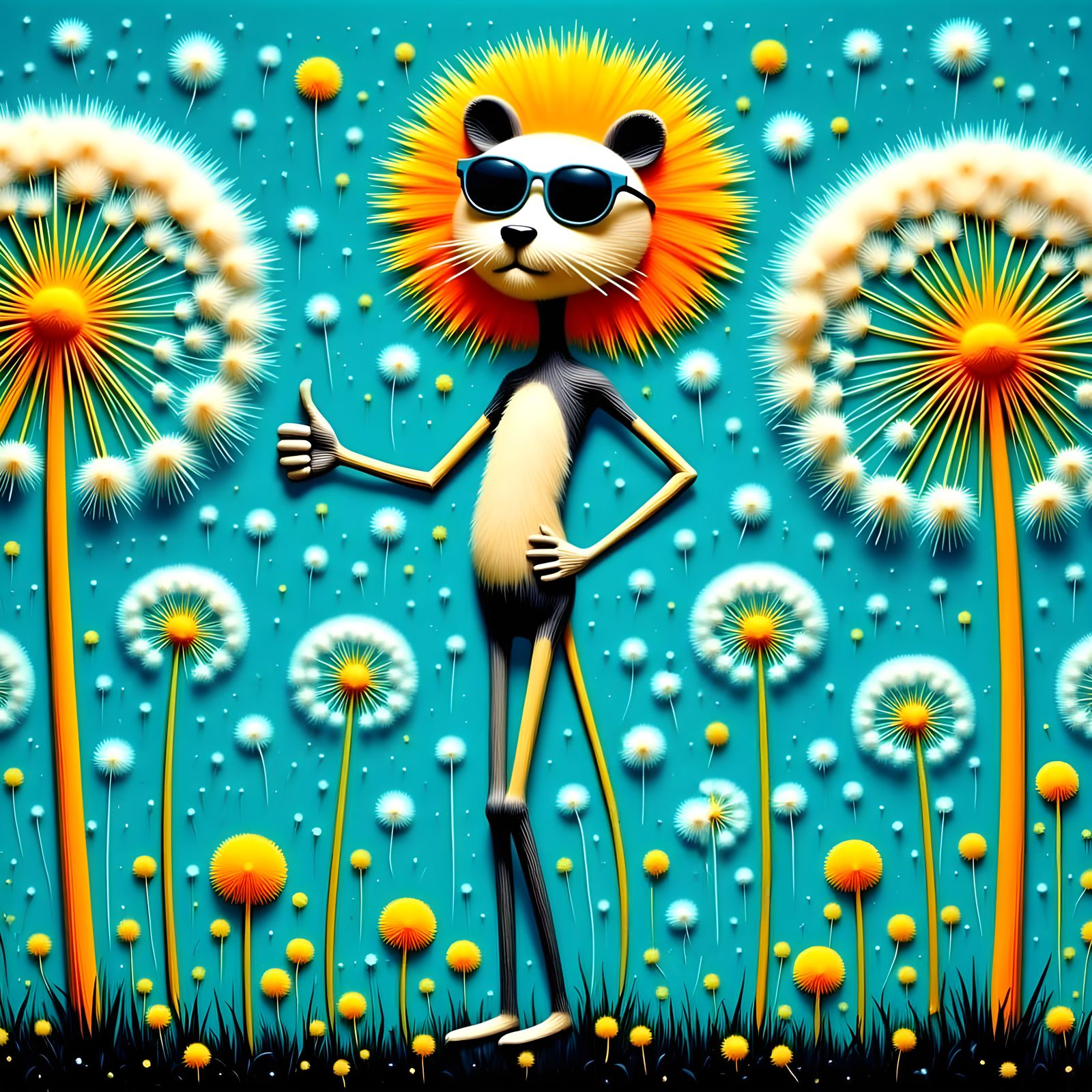 Psychedelic Dandelion Lion Creature with Sunglasses