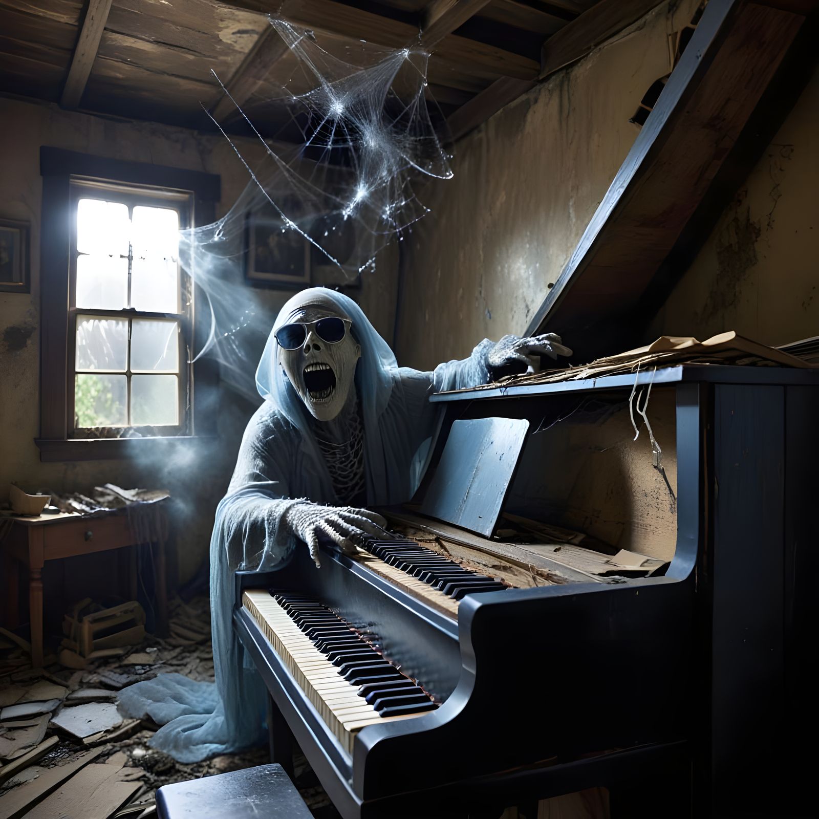 Ghostly Blues Pianist Plays in Dusty Attic