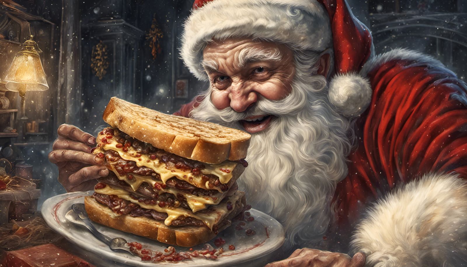 Santa Claus Eats Giant Grilled Cheese Sandwich