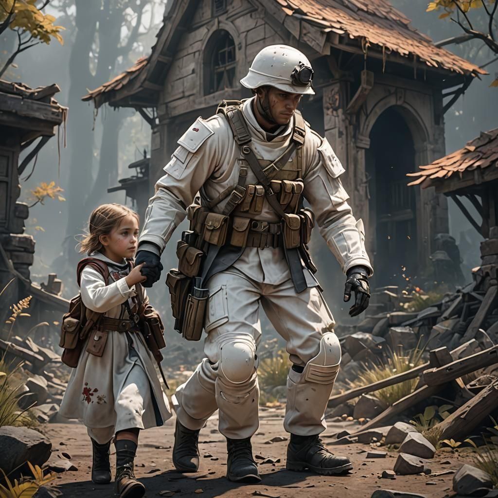 Army Soldier Helping a Girl: Detailed Matte Painting