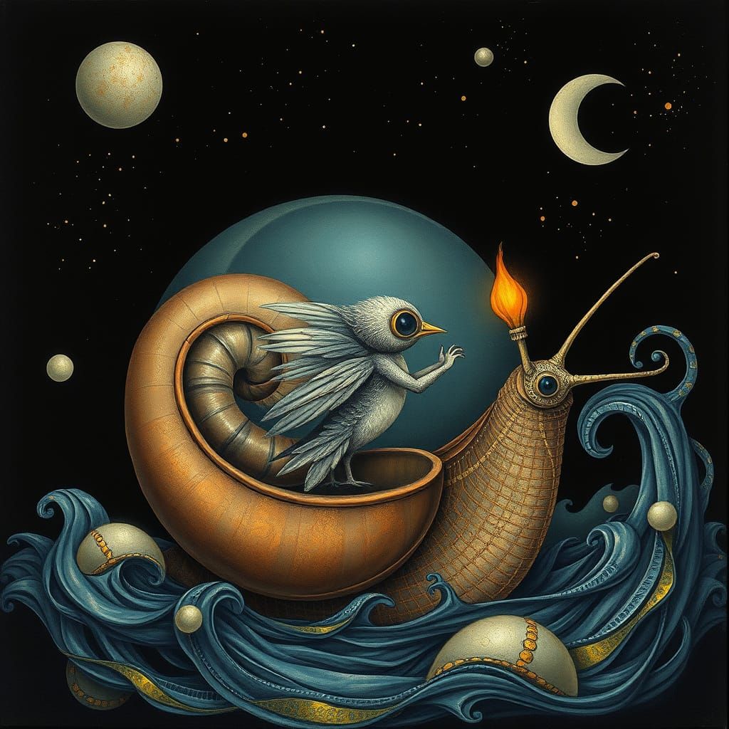 Whimsical Robot Bird in Midnight Dreamscape