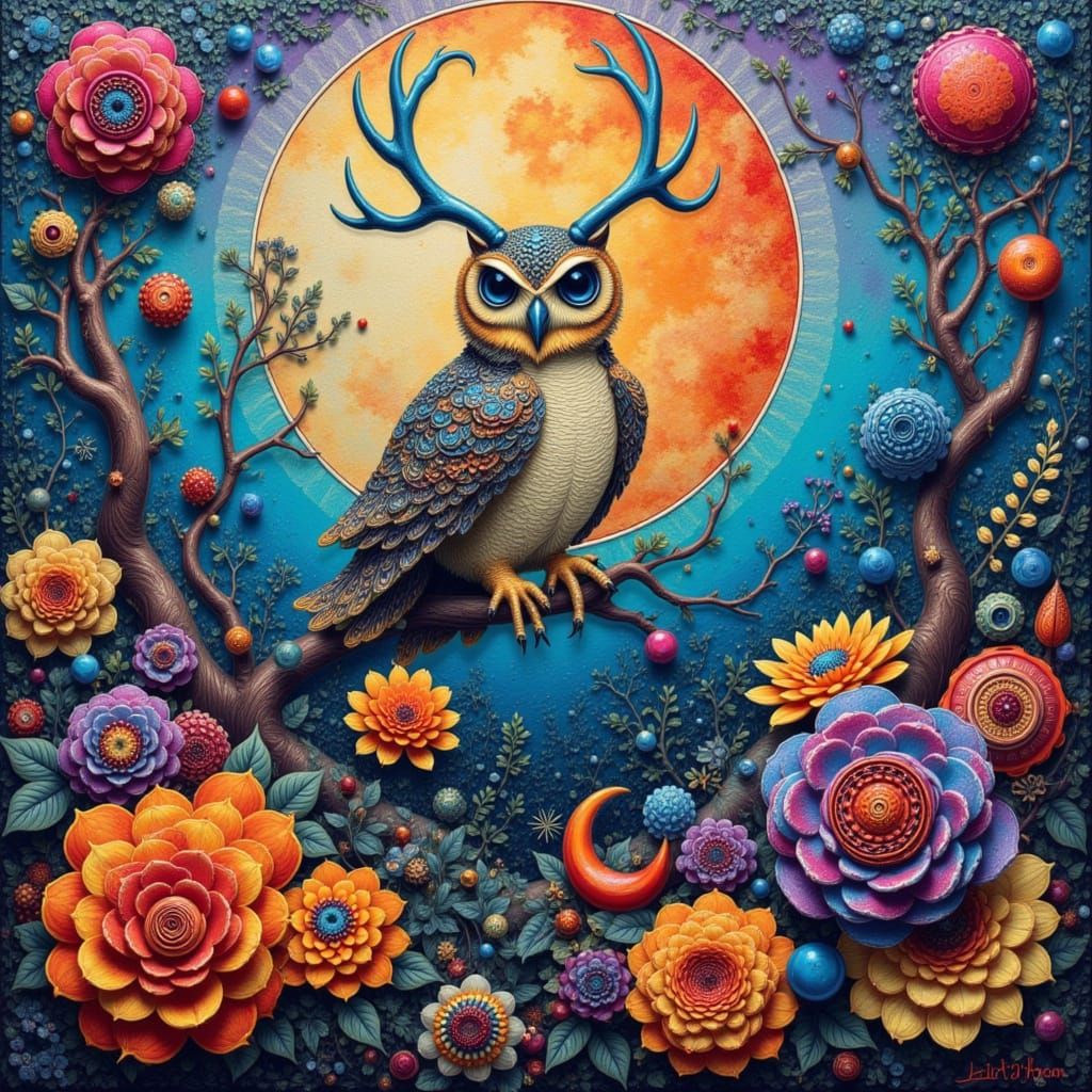 Surreal Acrylic Owl with Antlers in Fibonacci Landscape