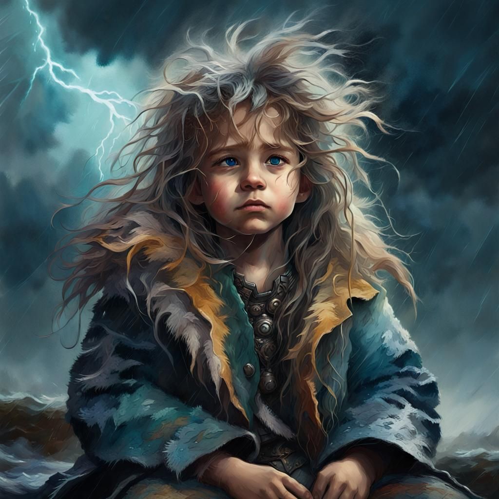 Child and Magical Animal in Storm: Fantasy Art