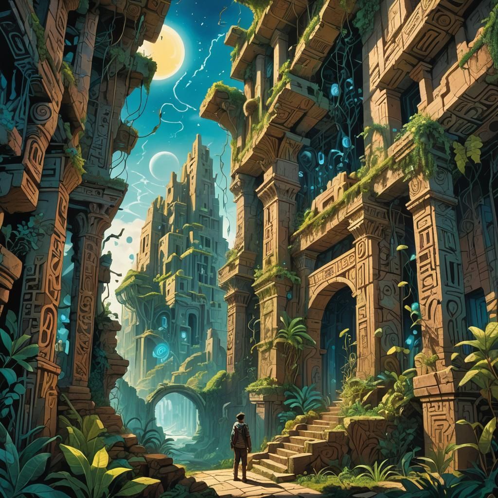 Ancient Ruins Discovery in Surreal Art Style