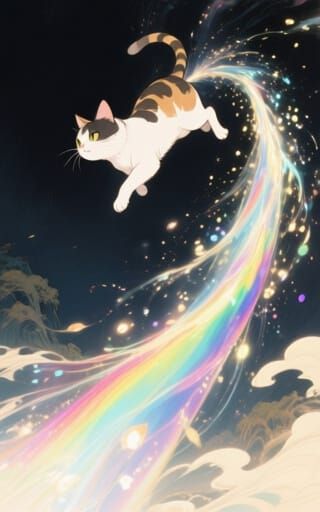 Flying Cat in Ukiyo-e Anime Style