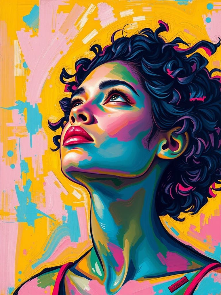 Colorful Expressionist Portrait of Woman with Curly Hair