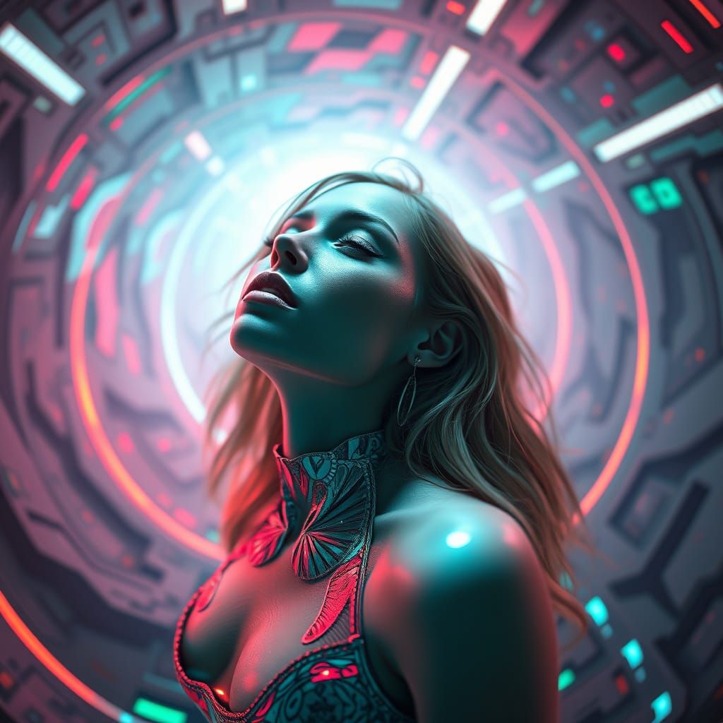 Futuristic Woman Worshipped in Otherworldly Setting