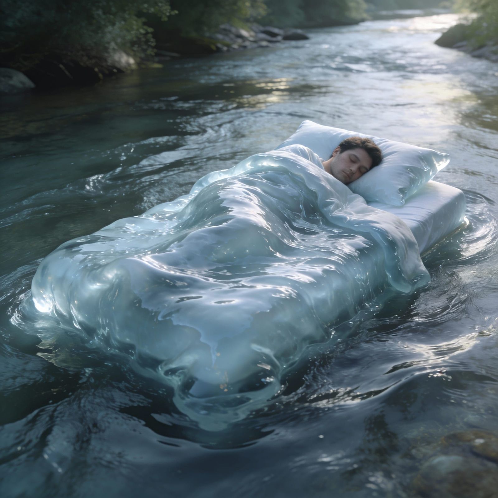 Person Sleeping Peacefully in a Serene Water Bed