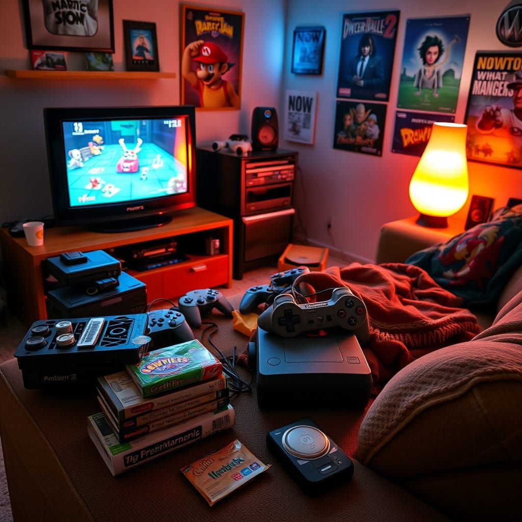 Retro Gaming Nostalgia in a Warmly Lit Living Room