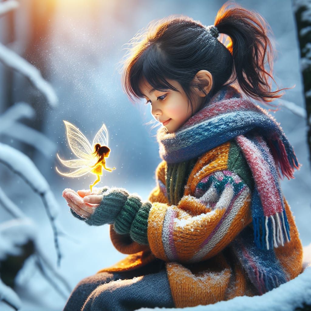 South Asian Girl Surrounded by Snow and Ethereal Fairy Light