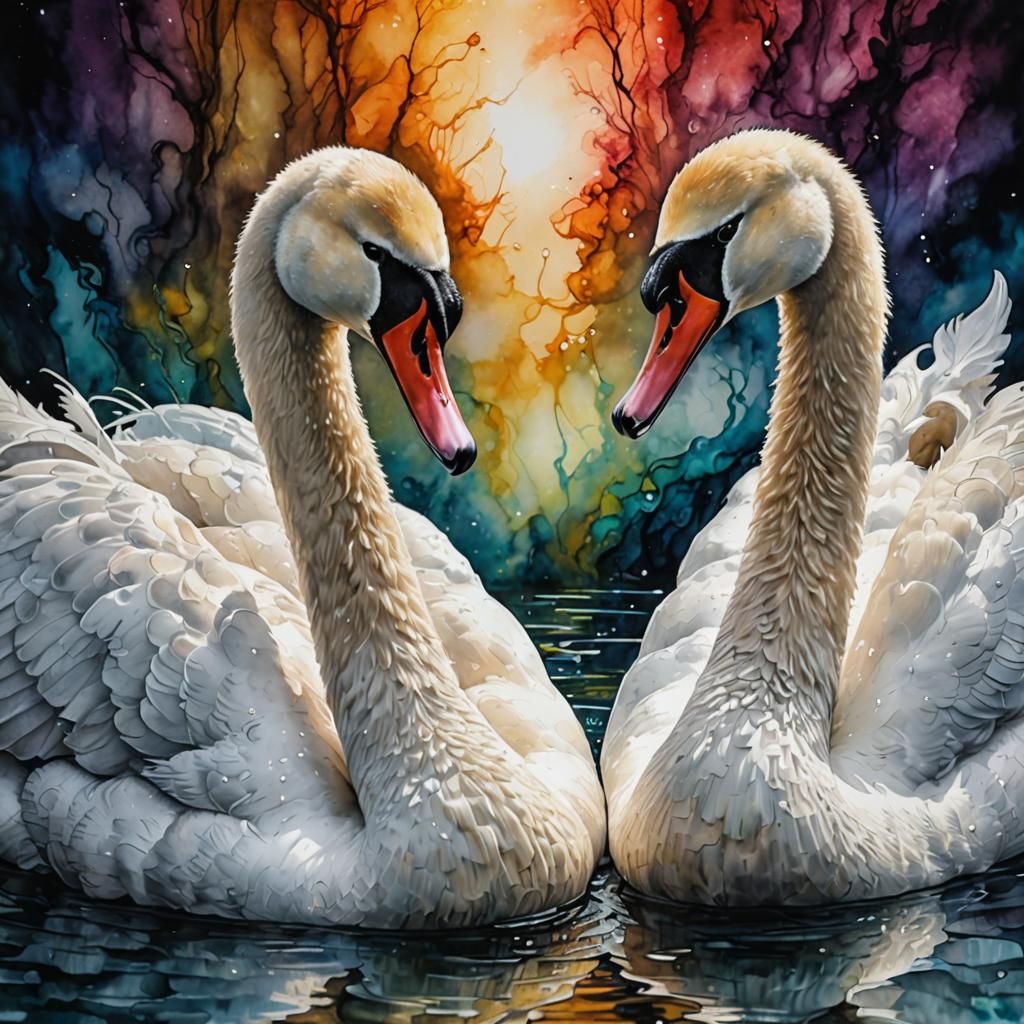Mute Swans Portrait in Alcohol Inks