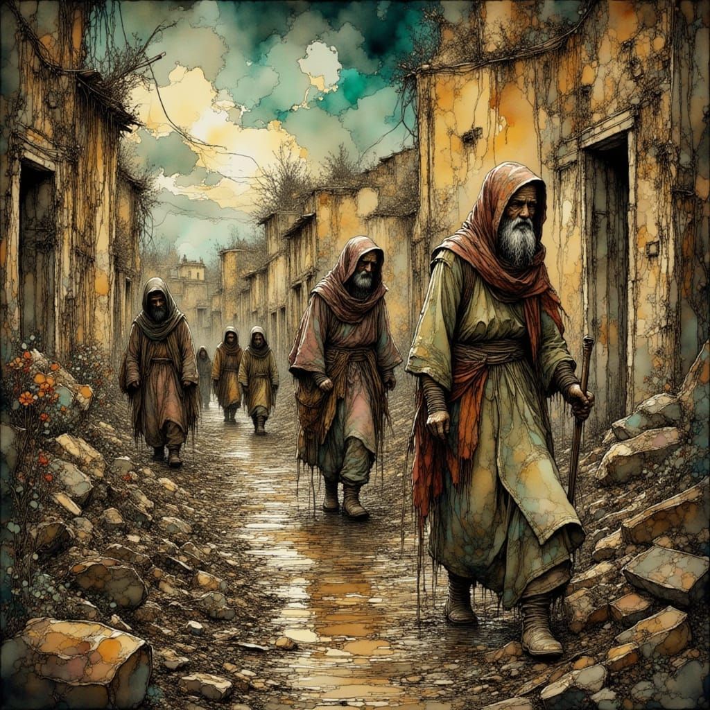 Villagers Search Rubble in Art Nouveau Style