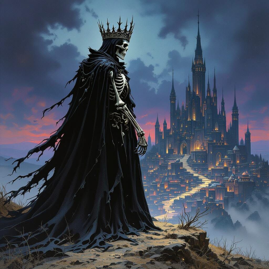 Skeletal King Overlooking Mystical Town: Dark Fantasy Art