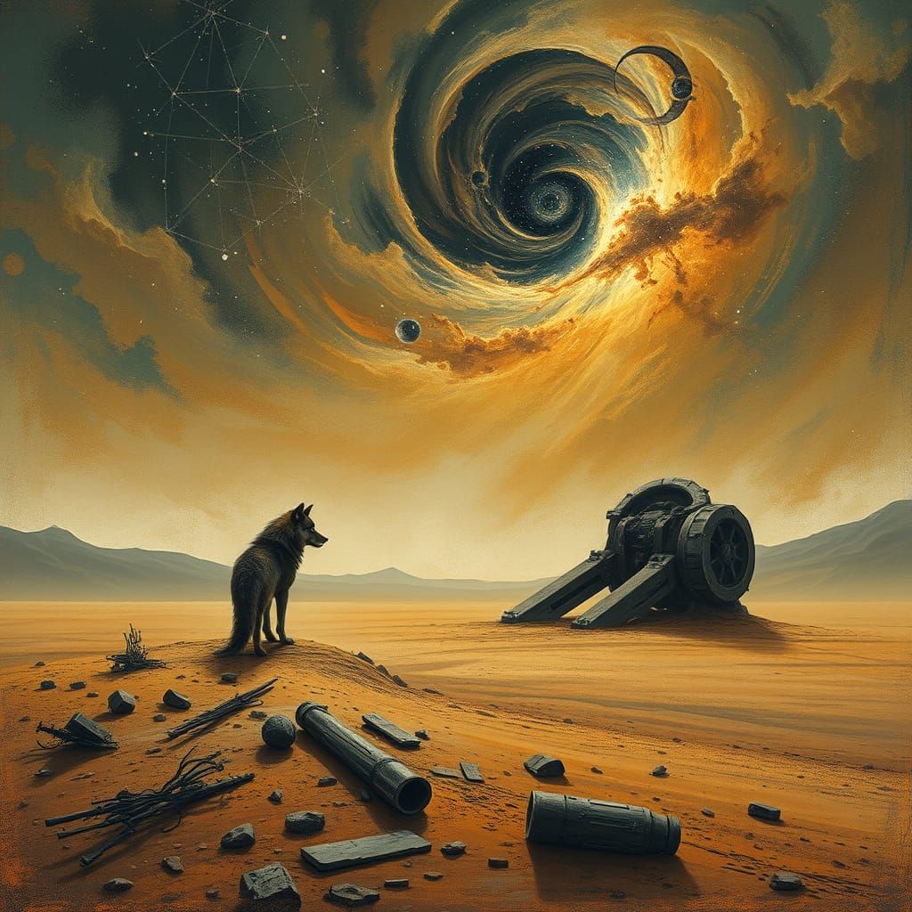 Lone Wolf on Cosmic Plain with Ancient Ruins